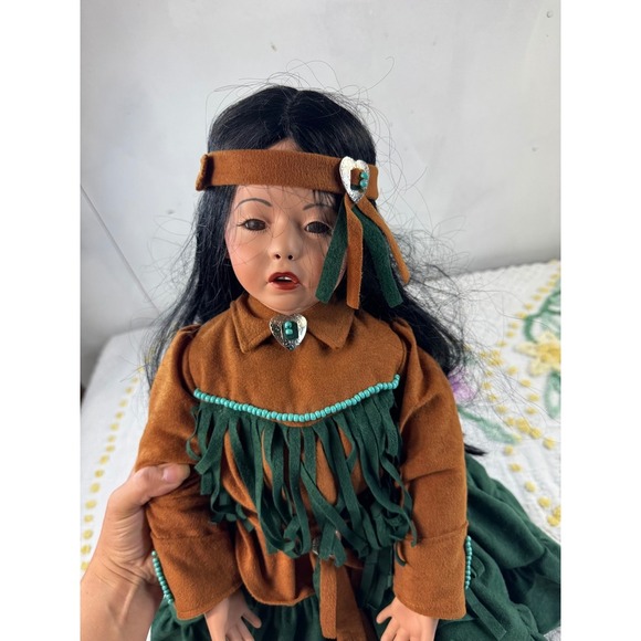 Native American Style Doll Collectible Porcelain Doll in Green Dress - Picture 2 of 9